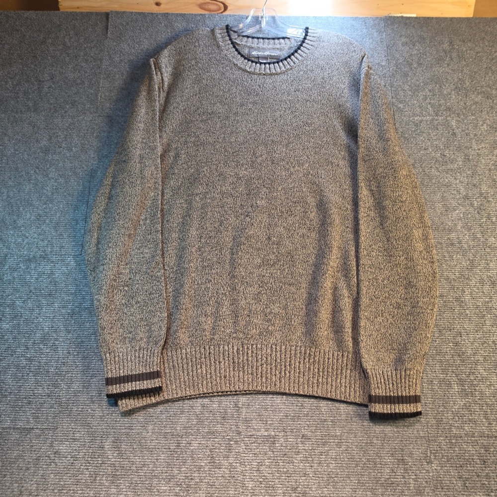 Eddie Bauer Crewneck Sweater Mens XL Grey Marled Cotton Excellent Tipped Cuffs